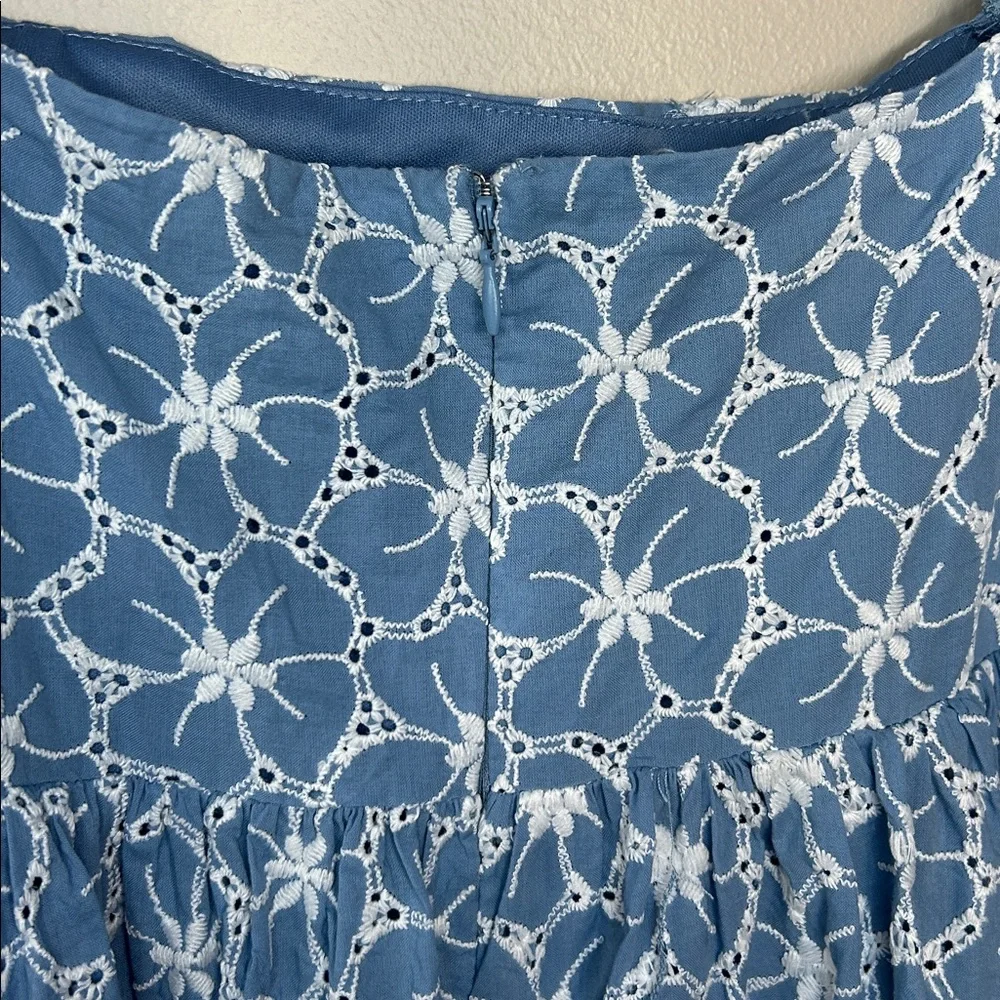 Lulus Fit to Frolic Blue Floral Eyelet Puff Sleeve‎ Babydoll Mini Dress Sz Small - Picture 8 of 12